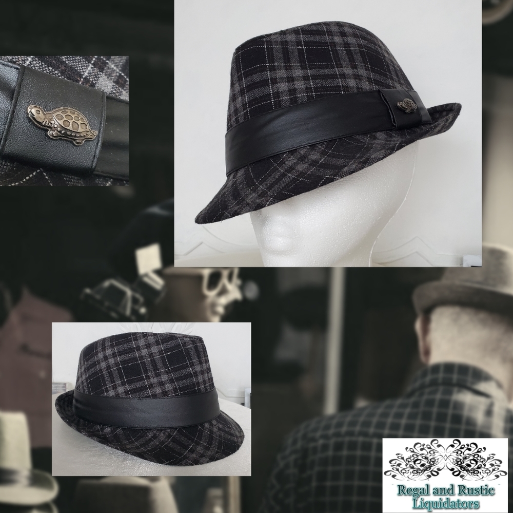 🎩 Black & Grey Plaid Fedora Hat by Pamoa L/XL
